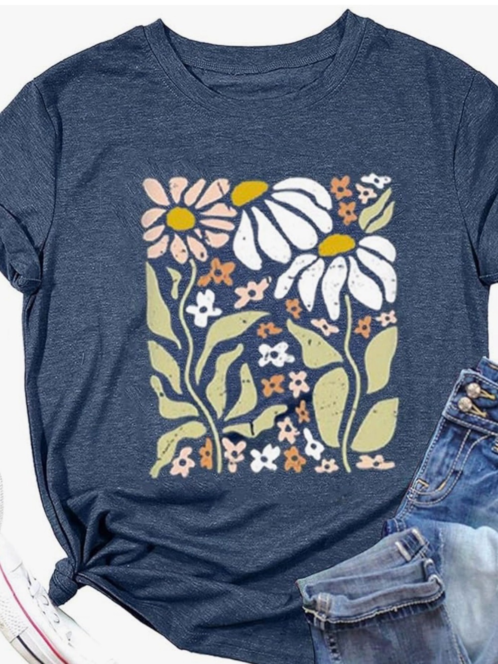 Amazon Navy Short Sleeve Tee with White & Yellow Floral Artwork
